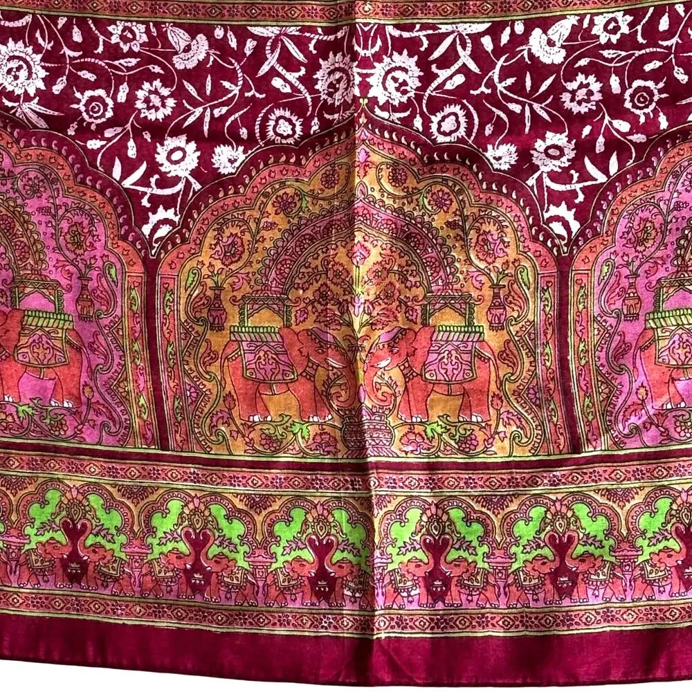 Sheer India Silk Scarf Boho square burgundy red & green paisley ornate elegant